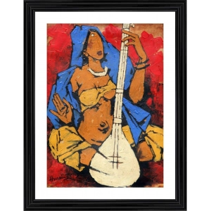Generic Lady with Sitar Painting With Wood Photo Frame (Multicolor)