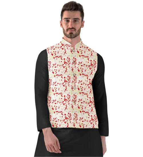 Generic Men's Jacquard Printed Full Sleeve Waistcoat (Red-Beige)