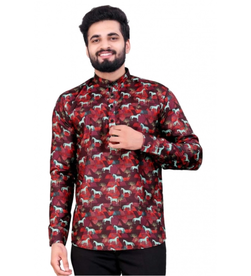 Generic Men's Cotton Blended Printed Full Sleeve Shortkurta (Multicolor)