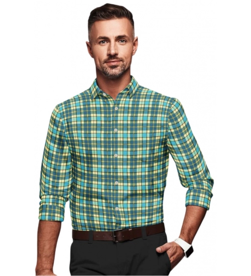 Generic Men's Cotton Blended Checked Full Sleeve Shirt (Green-Yellow)
