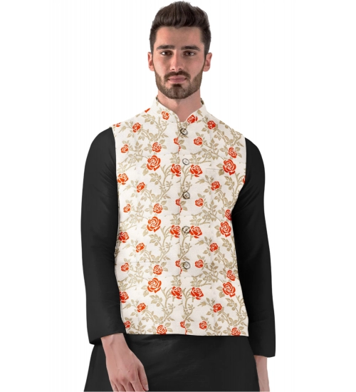 Generic Men's Jacquard Printed Full Sleeve Waistcoat (Orange-Beige)