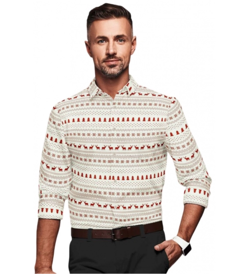 Generic Men's Cotton Blended Printed Full Sleeve Shirt (White-Red)