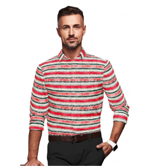 Generic Men's Cotton Blended Striped Full Sleeve Shirt (Red-White)