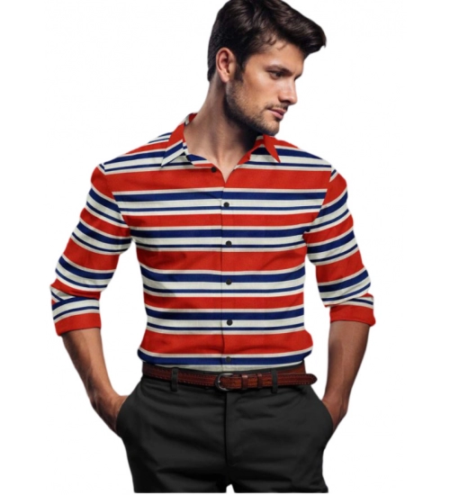 Generic Men's Cotton Blended Striped Full Sleeve Shirt (Red-Blue)