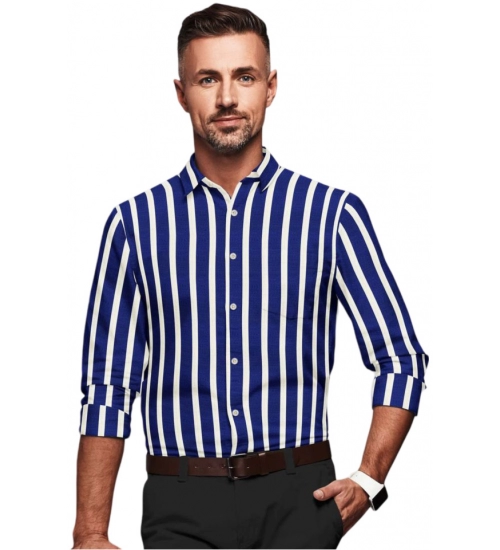 Generic Men's Cotton Blended Striped Full Sleeve Shirt (White-Blue)