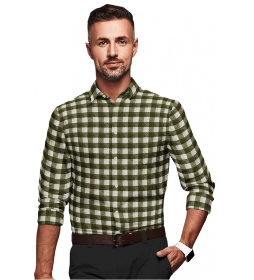 Generic Men's Cotton Blended Checked Full Sleeve Shirt (White-Green)