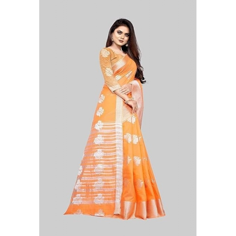 Women's Cotton Silk Floral Saree With Unstitched Blouse (Orange, 5.5 Mtr) Women's Cotton Silk Floral Saree With Unstitched Blouse (Orange, 5.5 Mtr)