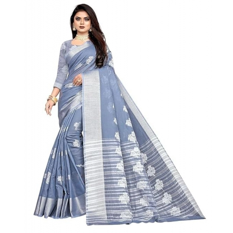 Women's Cotton Silk Floral Saree With Unstitched Blouse (Grey, 5.5 Mtr) Women's Cotton Silk Floral Saree With Unstitched Blouse (Grey, 5.5 Mtr)