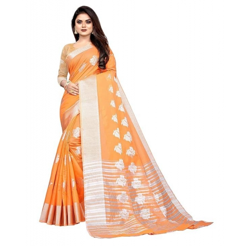 Women's Cotton Silk Floral Saree With Unstitched Blouse (Orange, 5.5 Mtr) Women's Cotton Silk Floral Saree With Unstitched Blouse (Orange, 5.5 Mtr)