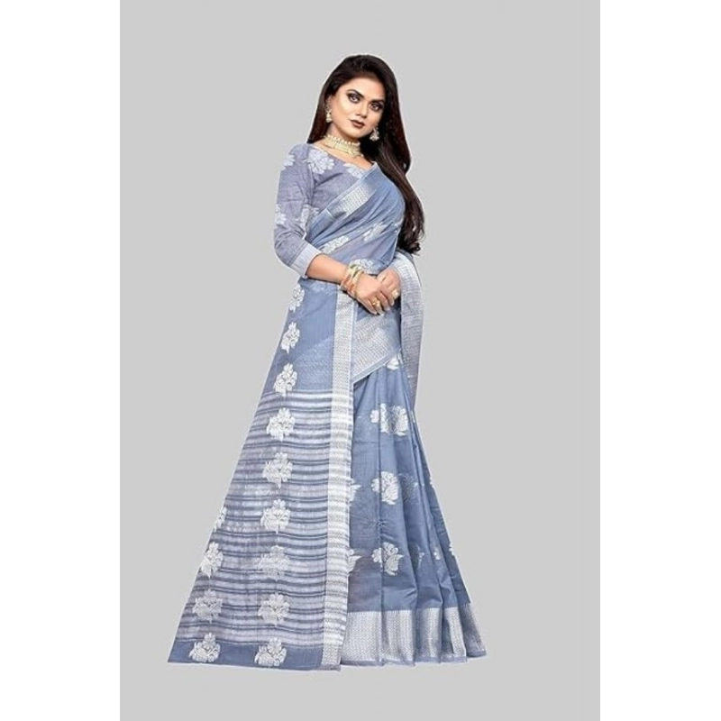 Women's Cotton Silk Floral Saree With Unstitched Blouse (Grey, 5.5 Mtr) Women's Cotton Silk Floral Saree With Unstitched Blouse (Grey, 5.5 Mtr)