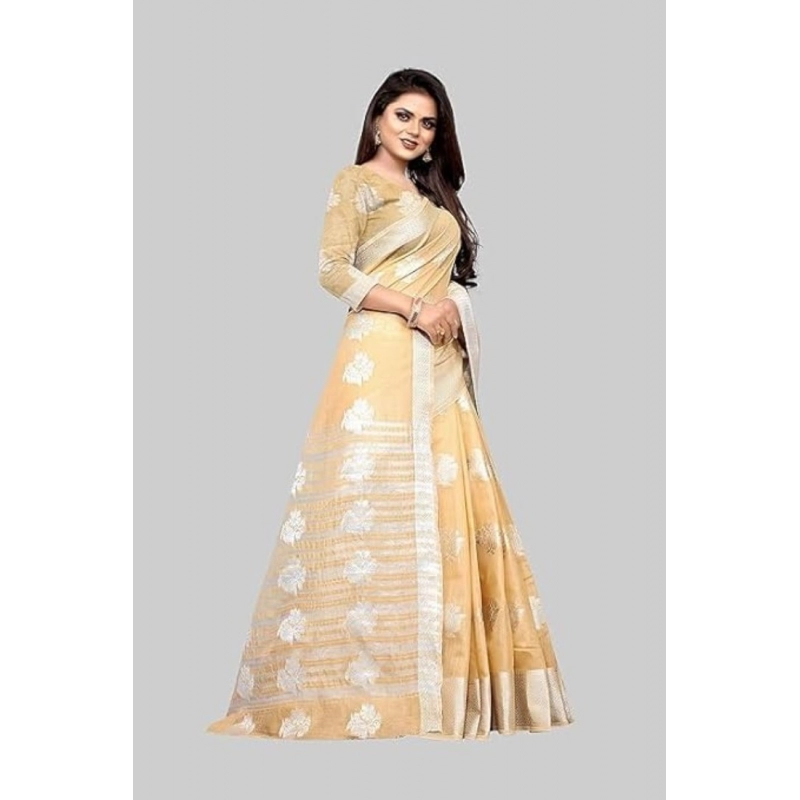 Women's Cotton Silk Floral Saree With Unstitched Blouse (Beige, 5.5 Mtr) Women's Cotton Silk Floral Saree With Unstitched Blouse (Beige, 5.5 Mtr)