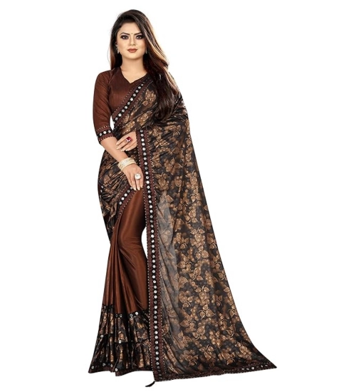 Generic Women's Lycra Solid Saree With Unstitched Blouse (Brown, 5.5 Mtr)