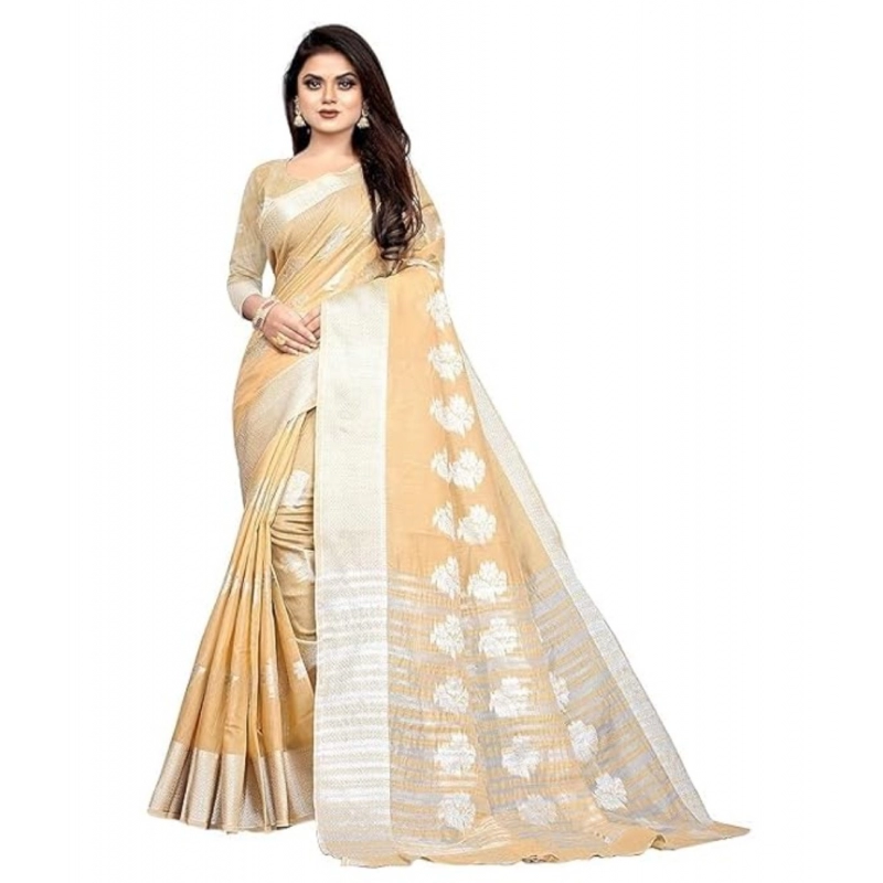 Women's Cotton Silk Floral Saree With Unstitched Blouse (Beige, 5.5 Mtr) Women's Cotton Silk Floral Saree With Unstitched Blouse (Beige, 5.5 Mtr)