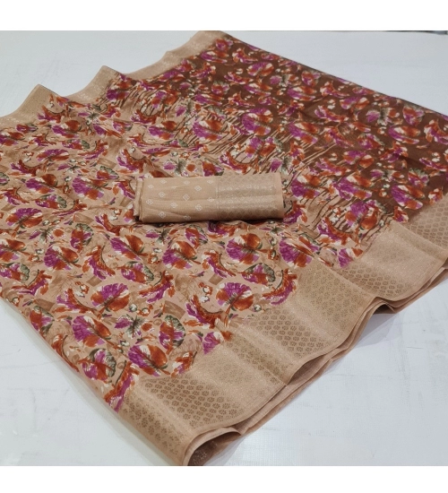 Generic Women's Linen Printed Saree With Unstitched Blouse (Orange, 5-5 Mtrs)