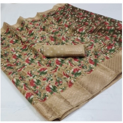 Generic Women's Linen Printed Saree With Unstitched Blouse (Yellow, 5-5 Mtrs)