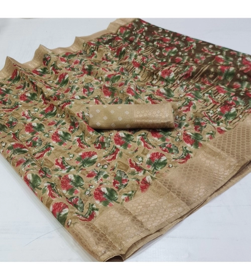 Generic Women's Linen Printed Saree With Unstitched Blouse (Yellow, 5-5 Mtrs)