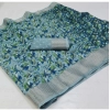 Generic Women's Linen Printed Saree With Unstitched Blouse (Blue, 5-5 Mtrs)