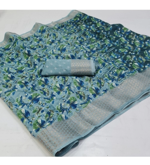 Generic Women's Linen Printed Saree With Unstitched Blouse (Blue, 5-5 Mtrs)
