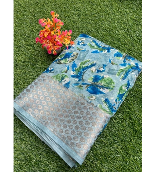 Generic Women's Linen Printed Saree With Unstitched Blouse (Skyblue, 5-5 Mtrs)