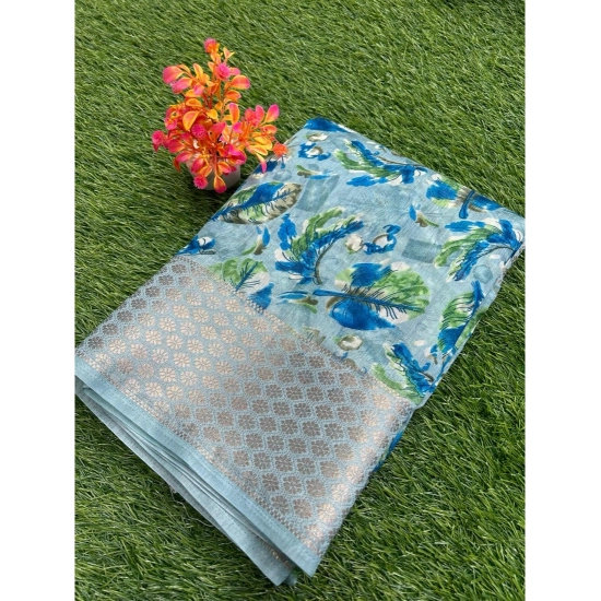 Generic Women's Linen Printed Saree With Unstitched Blouse (Skyblue, 5-5 Mtrs)