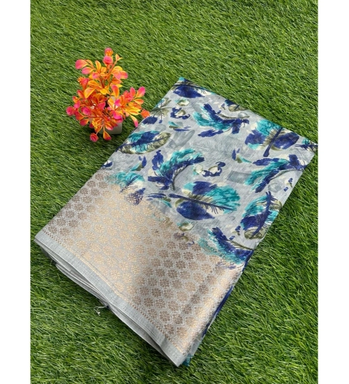 Generic Women's Linen Printed Saree With Unstitched Blouse (Navy, 5-5 Mtrs)