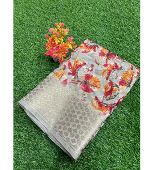Generic Women's Linen Printed Saree With Unstitched Blouse (Grey, 5-5 Mtrs)
