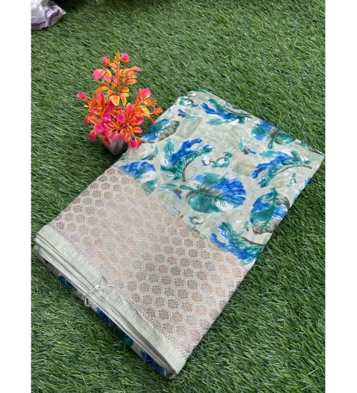 Generic Women's Linen Printed Saree With Unstitched Blouse (Blue, 5-5 Mtrs)