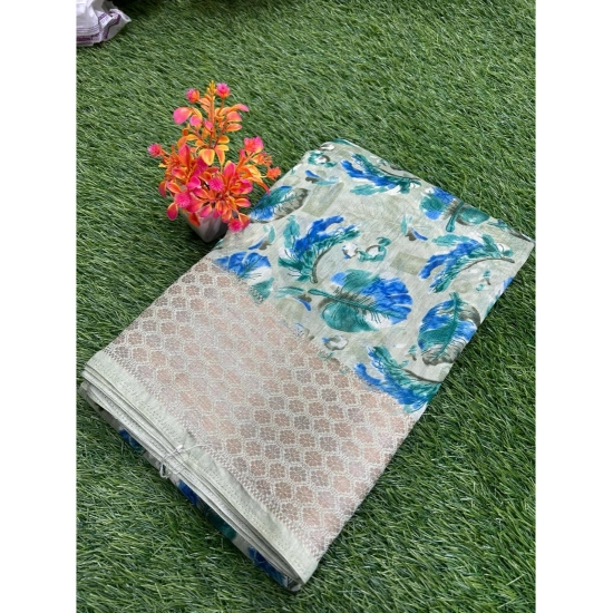 Generic Women's Linen Printed Saree With Unstitched Blouse (Blue, 5-5 Mtrs) Generic Women's Linen Printed Saree With Unstitched Blouse (Blue, 5-5 Mtrs)