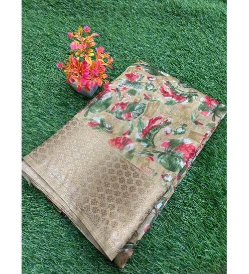 Generic Women's Linen Printed Saree With Unstitched Blouse (Beige, 5-5 Mtrs)