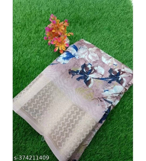 Generic Women's Linen Printed Saree With Unstitched Blouse (Peach, 5-5 Mtrs)