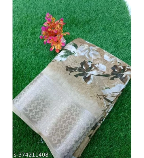 Generic Women's Linen Printed Saree With Unstitched Blouse (Yellow, 5-5 Mtrs)