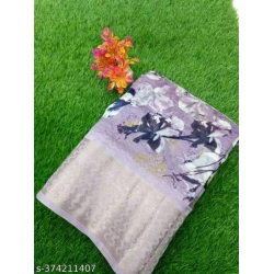 Generic Women's Linen Printed Saree With Unstitched Blouse (Purple, 5-5 Mtrs)