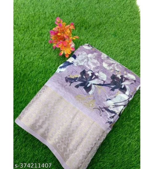 Generic Women's Linen Printed Saree With Unstitched Blouse (Purple, 5-5 Mtrs)