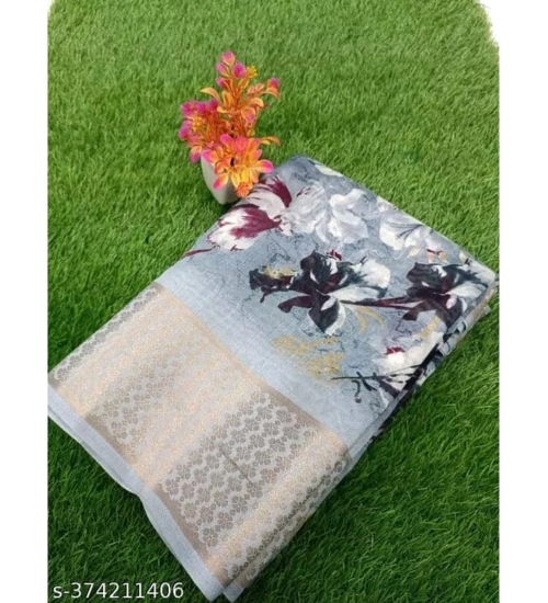 Generic Women's Linen Printed Saree With Unstitched Blouse (Grey, 5-5 Mtrs)