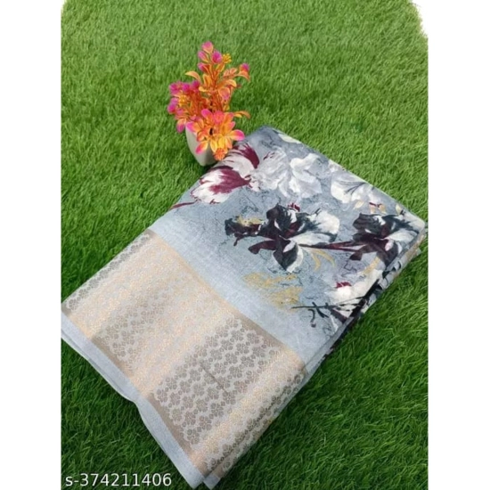 Generic Women's Linen Printed Saree With Unstitched Blouse (Grey, 5-5 Mtrs)