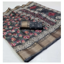 Generic Women's Cotton Printed Saree With Unstitched Blouse (Grey, 5-5 Mtrs)