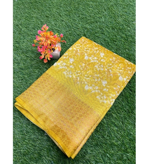 Generic Women's Linen Printed Saree With Unstitched Blouse (Yellow, 5-5 Mtrs)