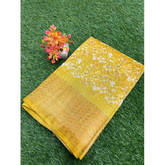 Generic Women's Linen Printed Saree With Unstitched Blouse (Yellow, 5-5 Mtrs)