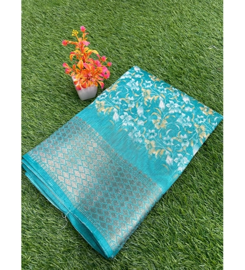 Generic Women's Linen Printed Saree With Unstitched Blouse (Blue, 5-5 Mtrs)