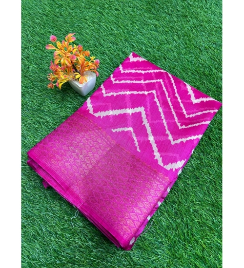 Generic Women's Linen Printed Saree With Unstitched Blouse (Pink, 5-5 Mtrs)