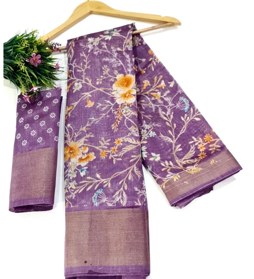 Generic Women's Cotton Printed Saree With Unstitched Blouse (Purple, 5-5 Mtrs)