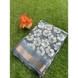 Generic Women's Cotton Printed Saree With Unstitched Blouse (Grey, 5-5 Mtrs)