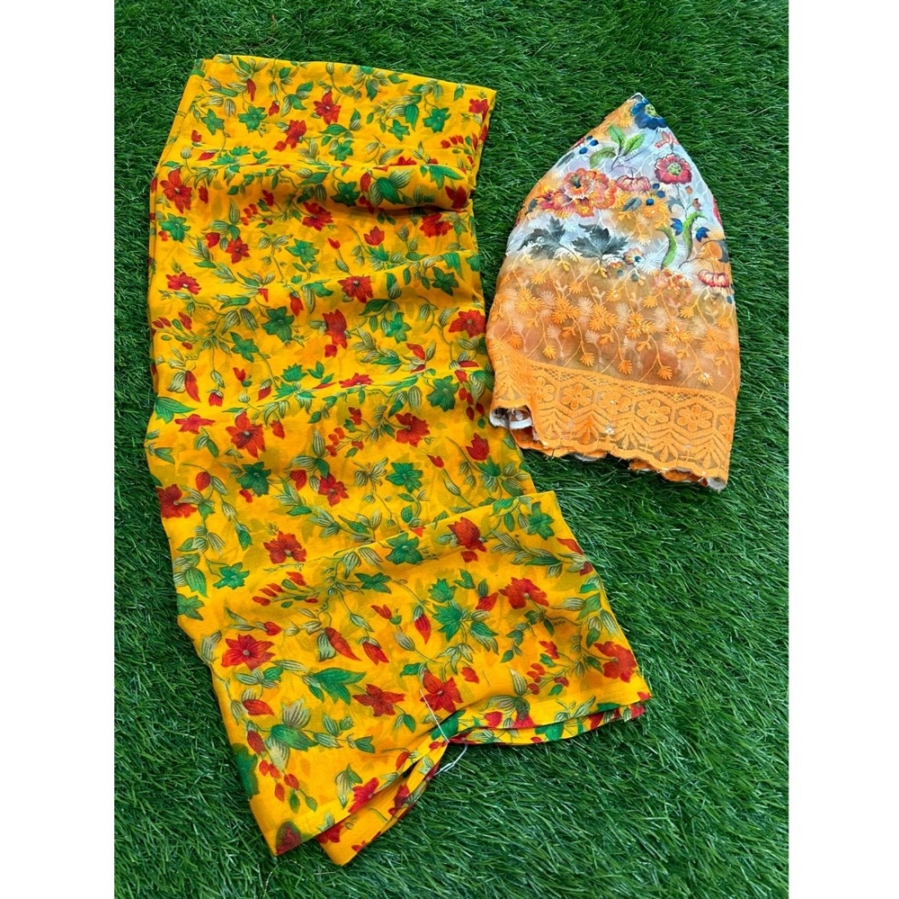 Generic Women's Georgette Printed Saree With Unstitched Blouse (Yellow, 5-5 Mtrs) Generic Women's Georgette Printed Saree With Unstitched Blouse (Yellow, 5-5 Mtrs)