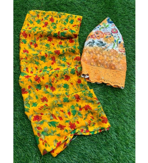 Generic Women's Georgette Printed Saree With Unstitched Blouse (Yellow, 5-5 Mtrs)