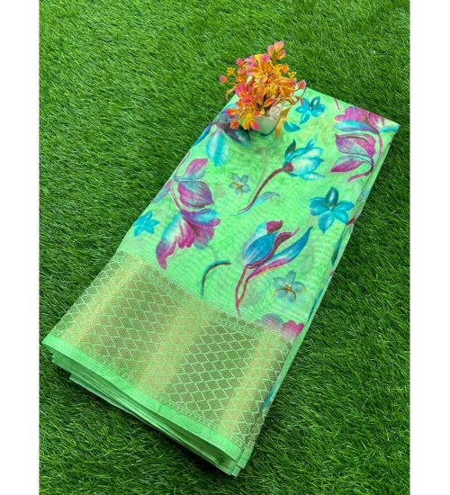 Generic Women's Cotton Printed Saree With Unstitched Blouse (Green, 5-5 Mtrs)