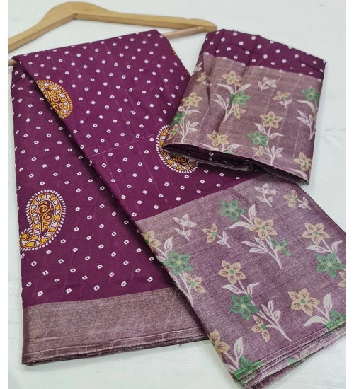 Generic Women's Cotton Silk Printed Saree With Unstitched Blouse (Magenta, 5-5 Mtrs)