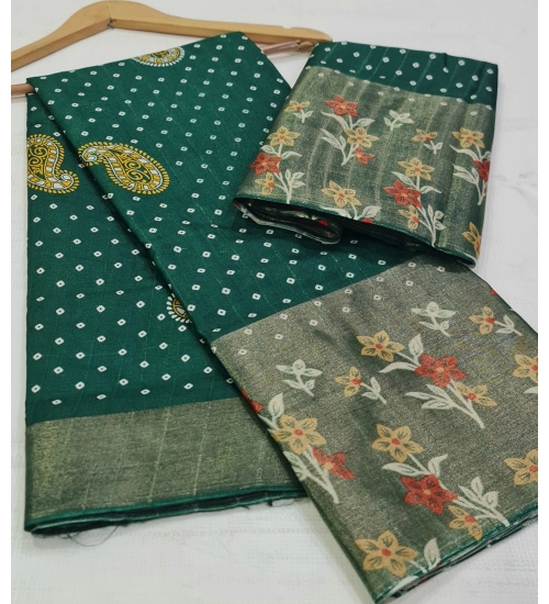 Generic Women's Cotton Silk Printed Saree With Unstitched Blouse (Green, 5-5 Mtrs)