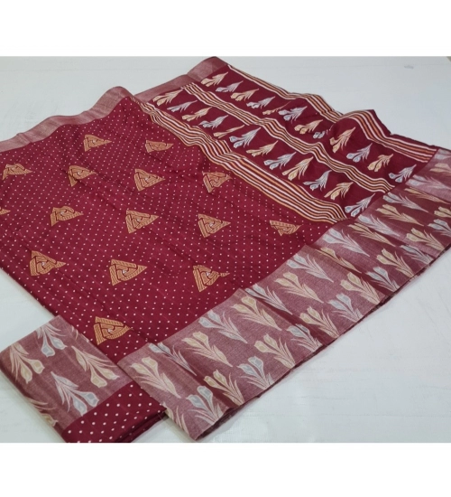 Generic Women's Cotton Silk Printed Saree With Unstitched Blouse (Red, 5-5 Mtrs)