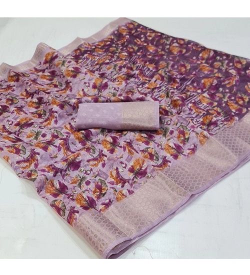 Generic Women's Linen Printed Saree With Unstitched Blouse (Pink, 5-5 Mtrs)