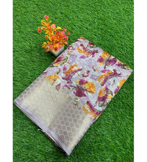 Generic Women's Linen Printed Saree With Unstitched Blouse (Purple, 5-5 Mtrs)